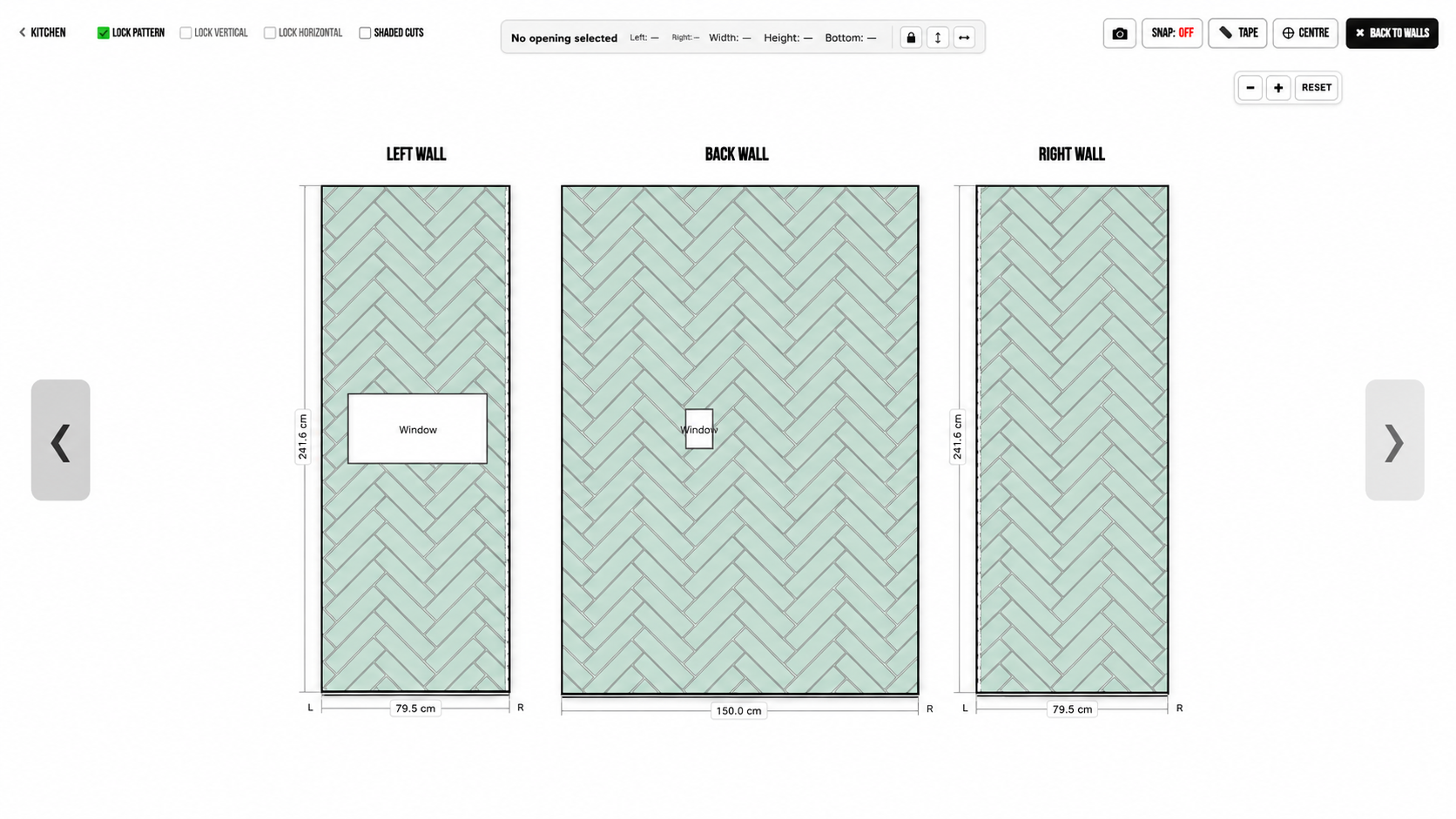 Tile Layout Pro showing automatically generated wall tile layouts across multiple walls