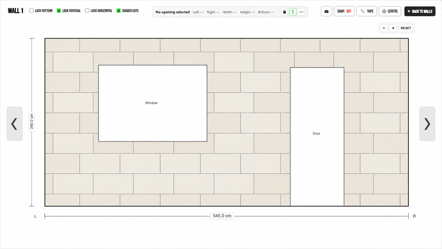 Tile Layout Pro showing automatically generated brick tile pattern on a wall