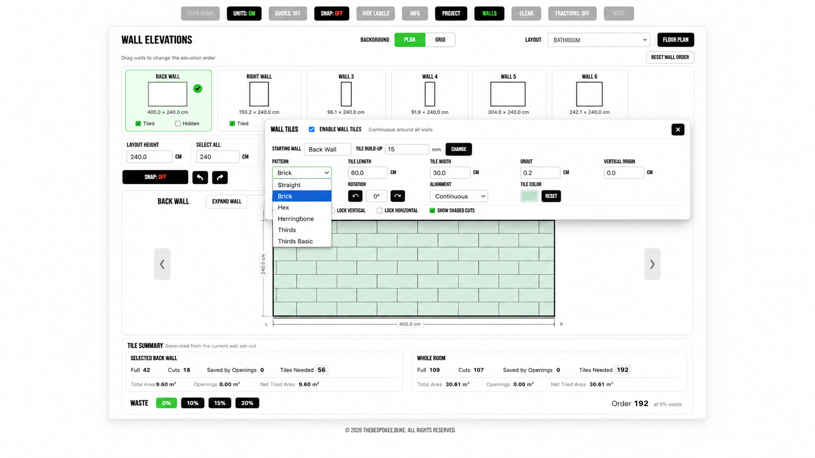 Wall tile planner controls showing tile pattern settings