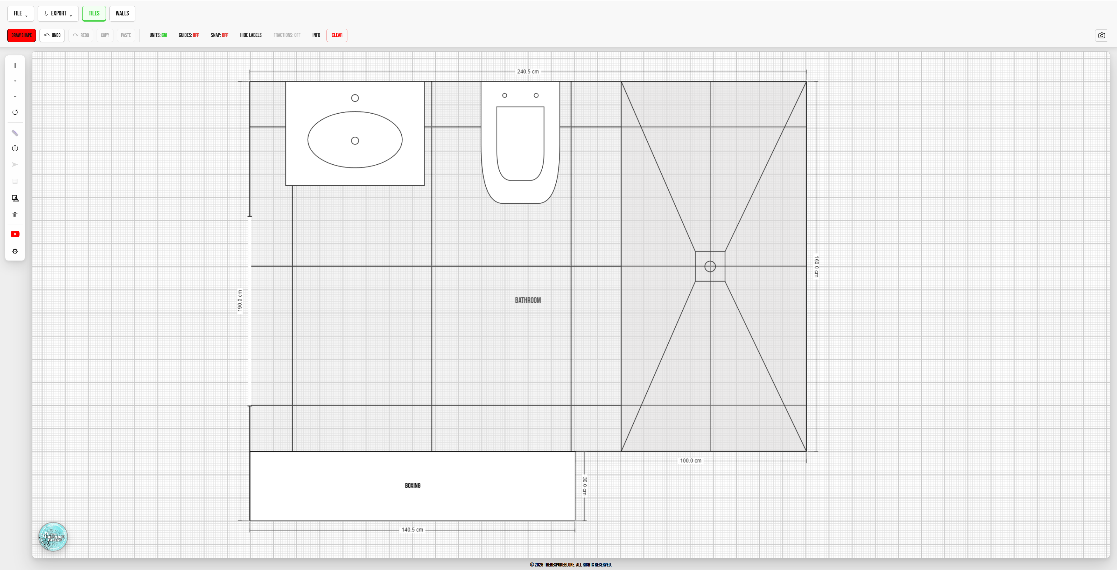 Tile Layout Pro Walls Mode showing room wall setup and elevations